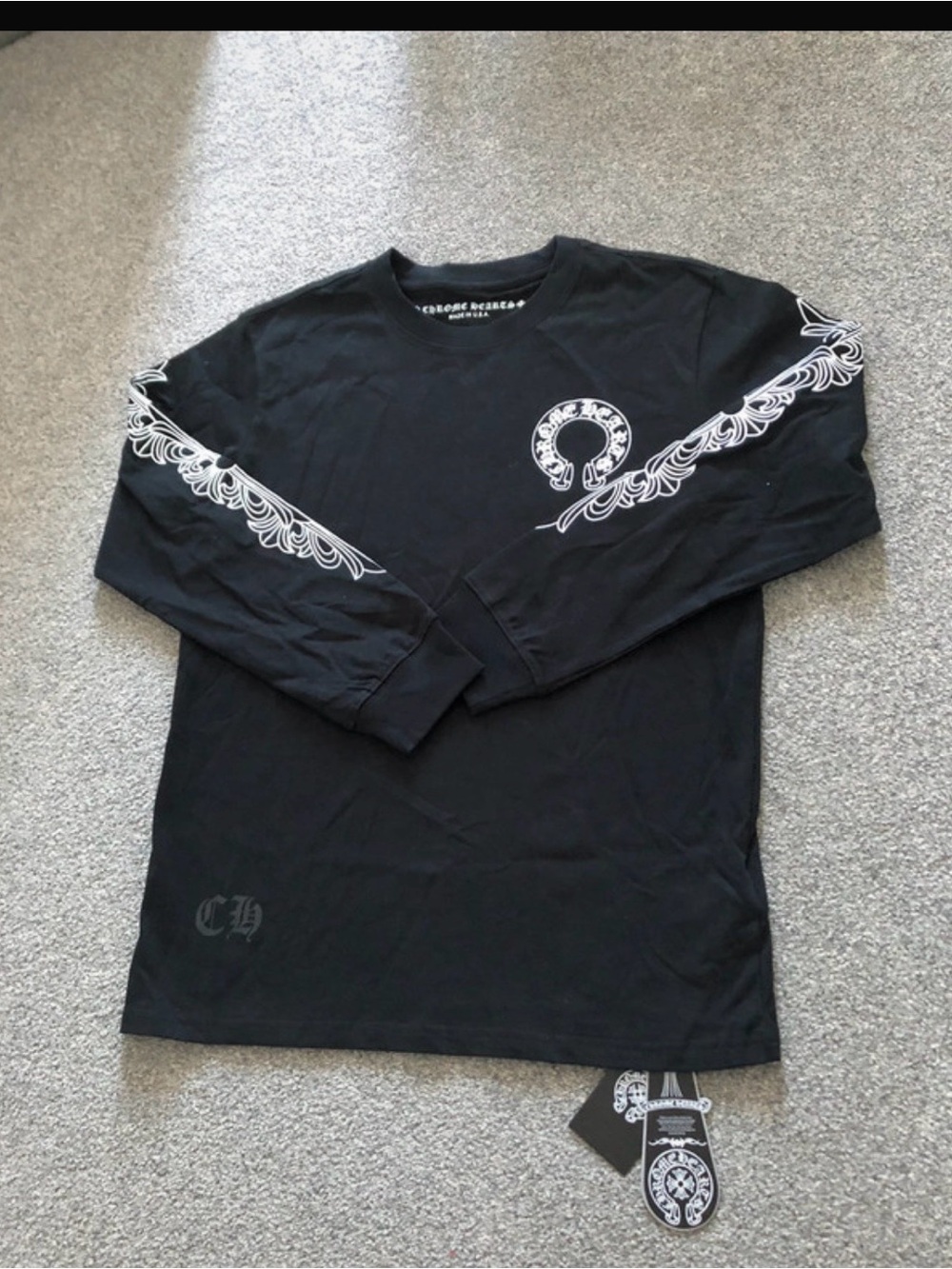 Chrome Hearts Black Long Sleeve Tee with White Sleeve and Chest Graphics